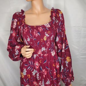 Ash + Sara Smocked Floral Maxi Dress Tiered Long Sleeve Vine Size Burgundy M